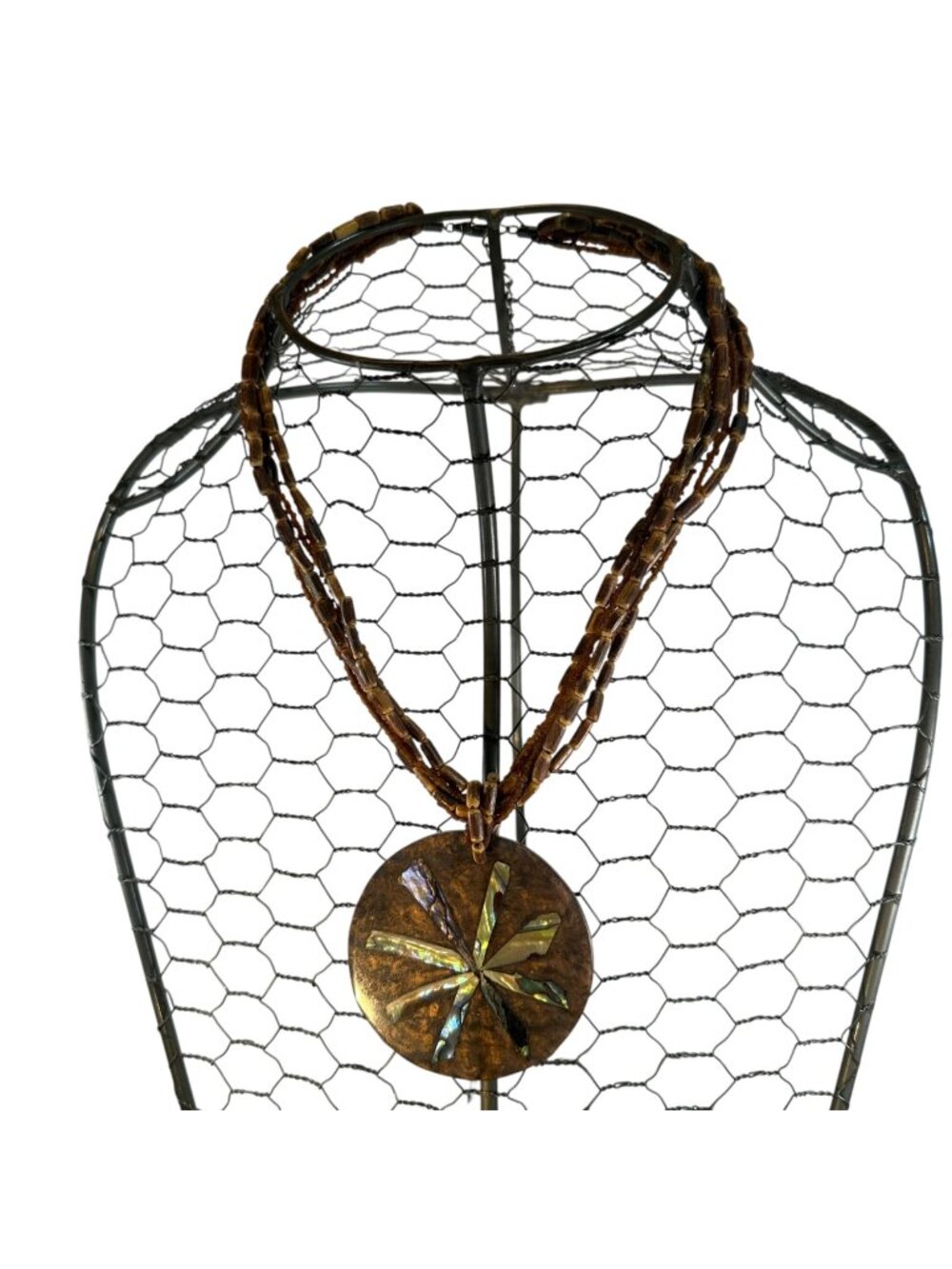 Handcrafted Six Strand Brown Beaded Necklace With Abalone Inlay Round Pendant